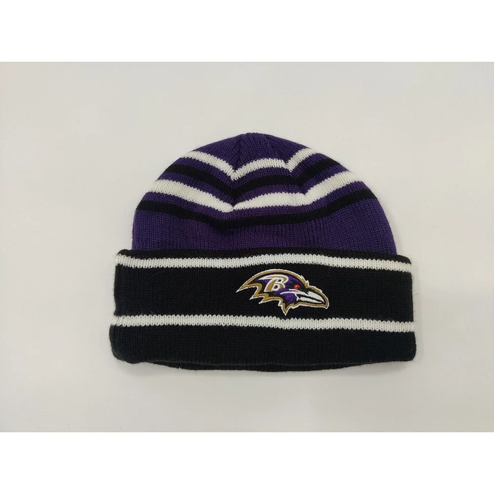 Baltimore Ravens NFL‎ Striped Cuffed Beanie Knit Hat Purple Black White One Size
